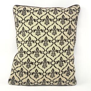 Vintage Fleur de Lis Needlepoint Pillow Brown Cream 15” x 19” Velvet Back